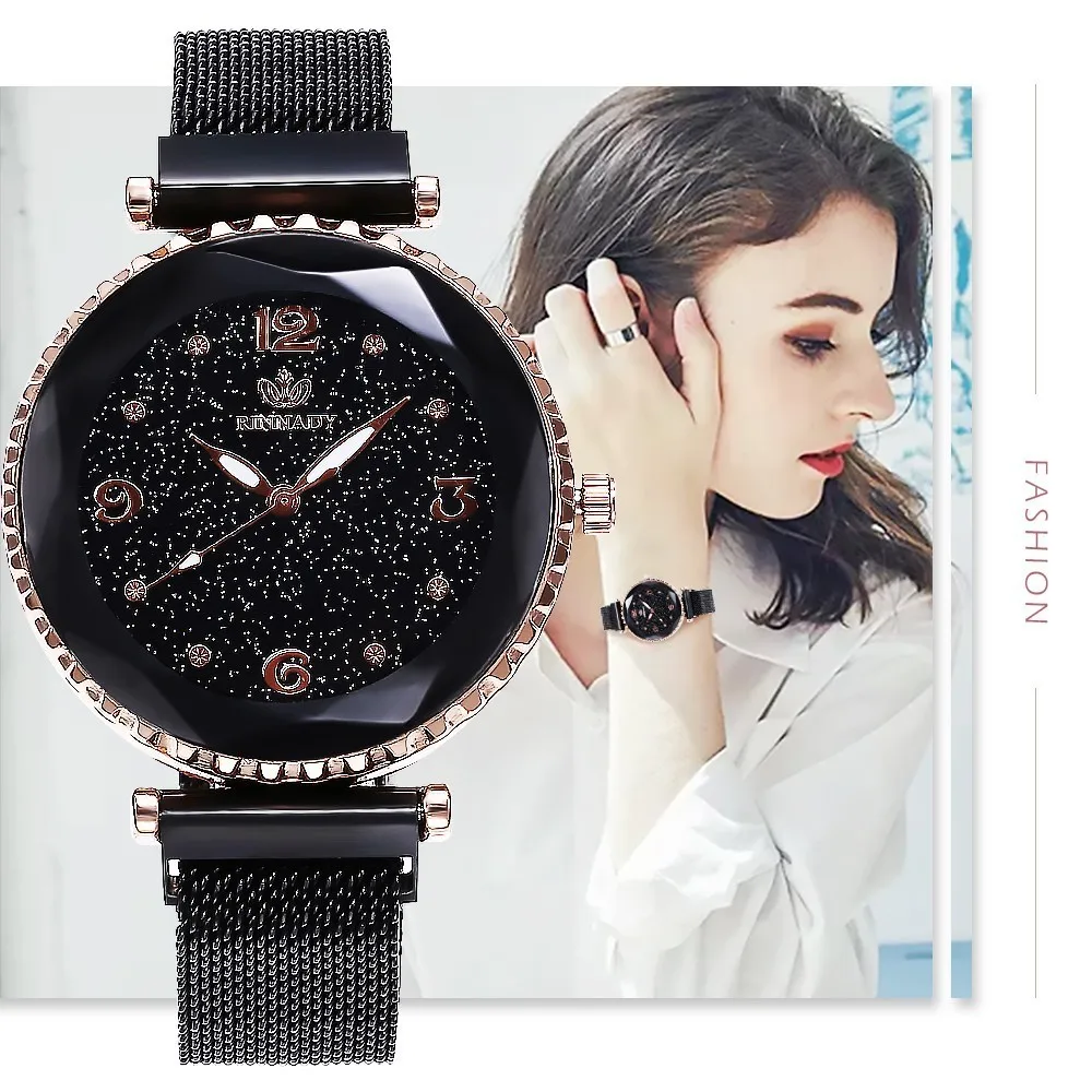 

Hot Top Brand Watches For Woman Rose Gold Mesh Magnet Buckle Starry Quartz Watch Geometric Surface Casual Women Wristwatch Clock