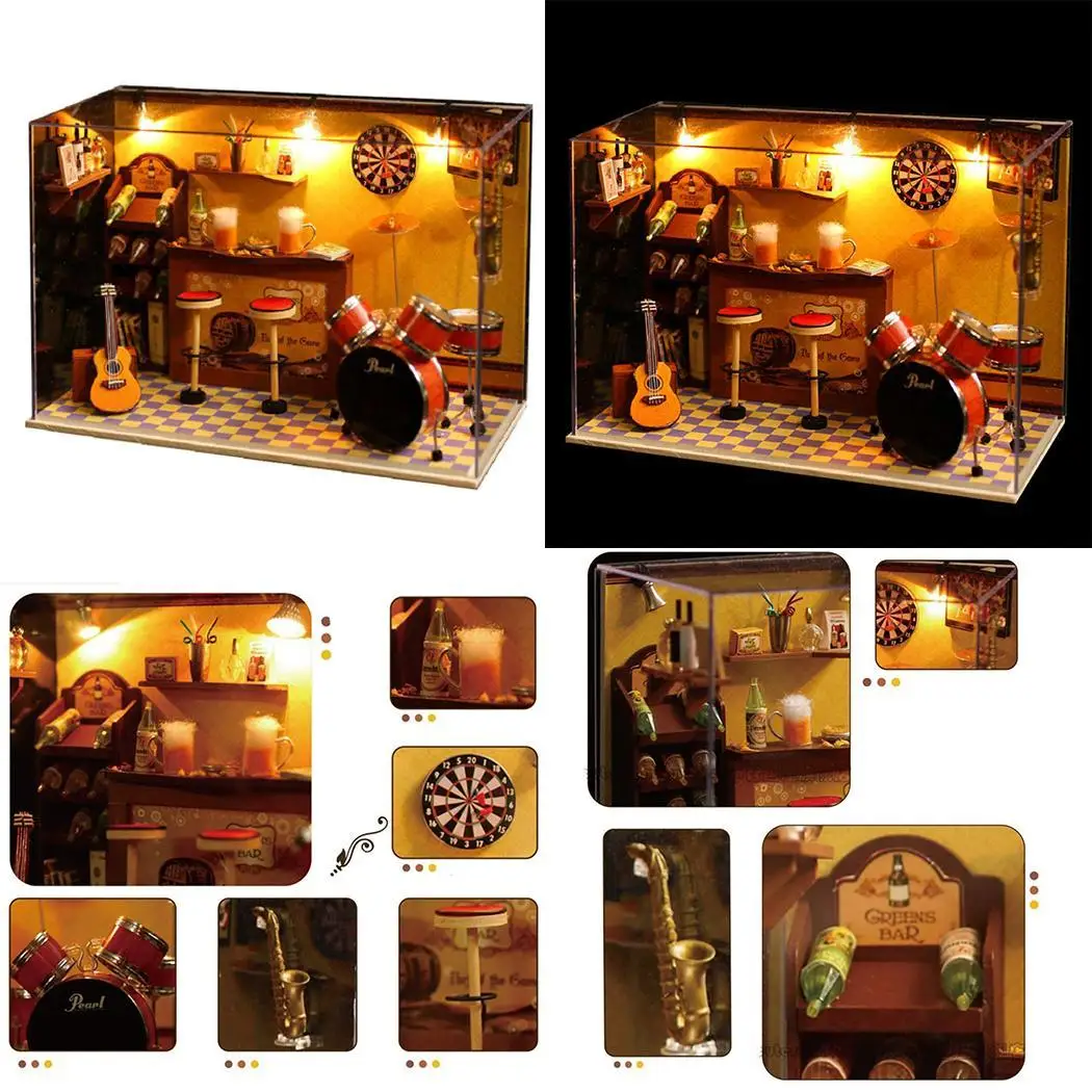 Excellent DIY Wooden Dollhouse Kit Miniature Room House Model Taproom Bar Pub+Glass Cover 8inch Ornament Craft Idea Gift
