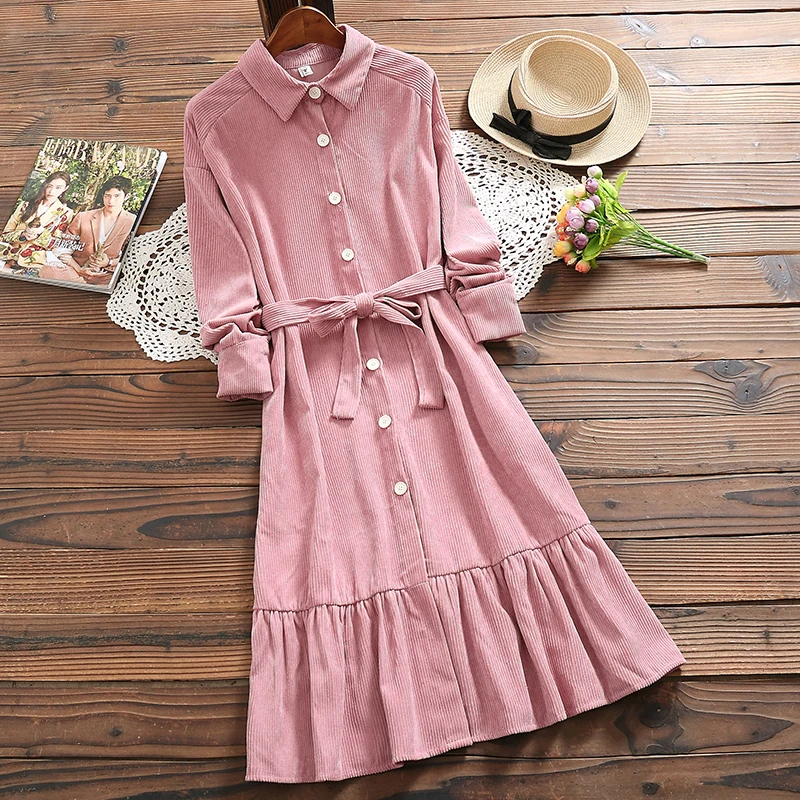 

Japan Mori Girl Pink Corduroy Dresses Autumn Winter Warm Vintage Vestidos Women Long-Sleeved Long Shirt Dresses Solid Color