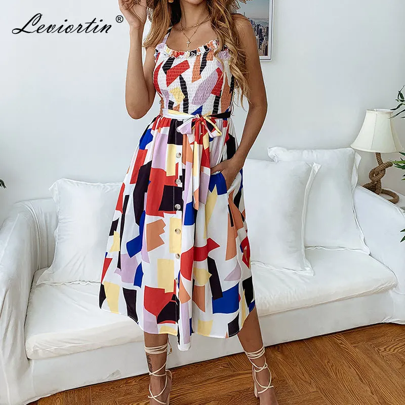 

Leviortin Designer Multicolor Dress with Pockets 2019 Summer Button Down Dress for Women Elastic Chest Strapless Patchwork Dress