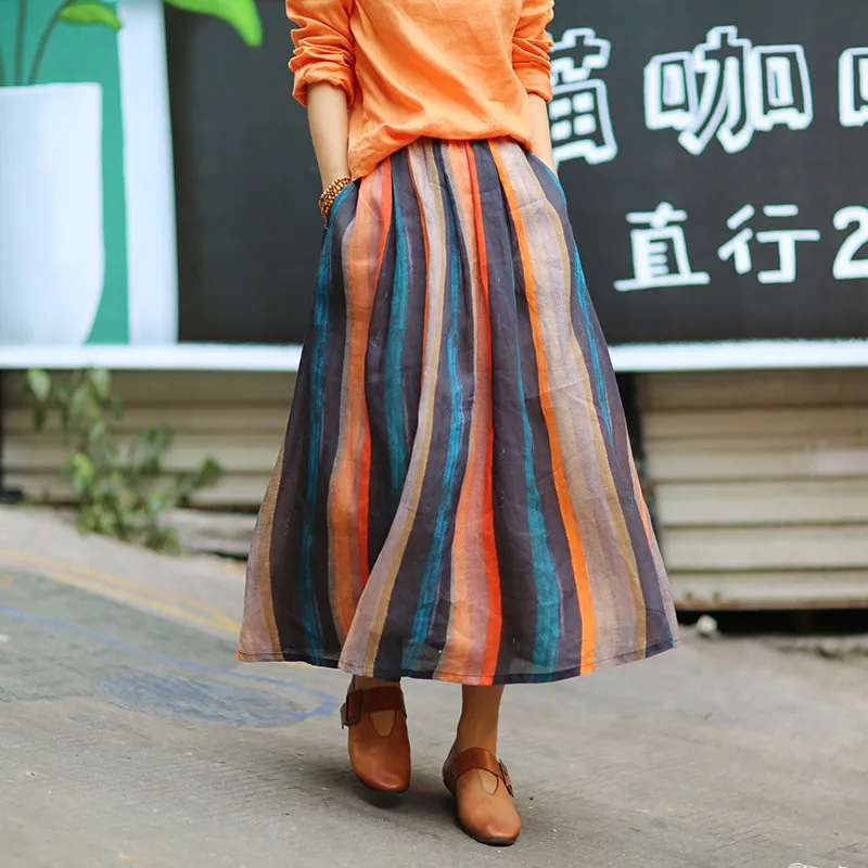 

2019 Women Spring Summer Elastic Waist Colorful Striped Skirts Ladies Ramie Stripe Skirt Female Retro Ramie Stripes Skirt