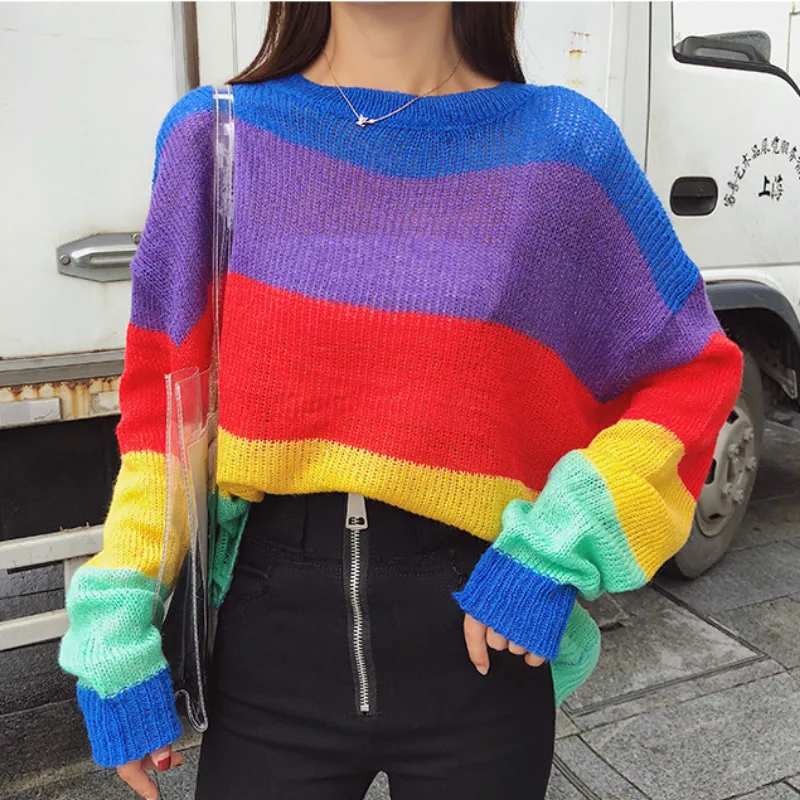 

2018 Autumn New Fashion Rainbow Striped Shirt Lazy Wind Loose Sweater Winter Clothes Women
