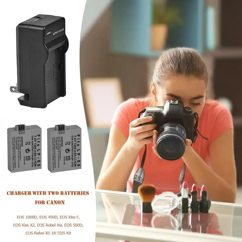 2 шт. LP E5 1200 mAh литий ионные аккумуляторы Зарядное устройство Adapter Kit для Canon EOS