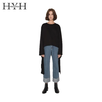 

HYH HAOYIHUI Street College Wind Loose Cuff Personality Ribbon Top Casual Black New Arrival Autumn