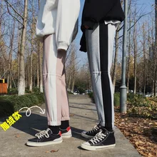 Новые весенние и осенние плюс бархатные повседневные брюки мужские брюки свободные контрастные цвета спортивные брюки розовый/черный/серый M-2XL