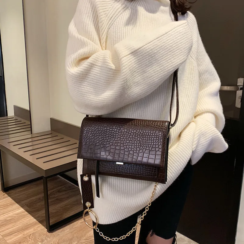 

[Super Seabob] 2019 Coffee Single Chain Stone Pattern Single Strap Spliced Round Hoop PU Leather Messenger Bag All Match LM528