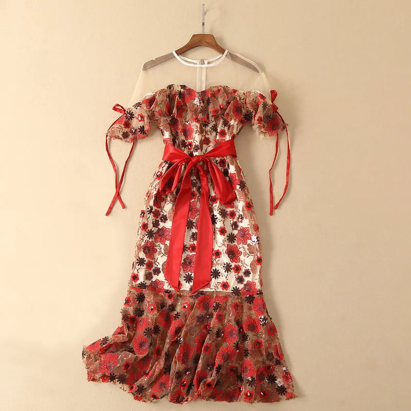 

sequin flower embroidery dress sheer nude mesh patchwork knotted bow short sleeves tie belt mermaid party summer beach dress