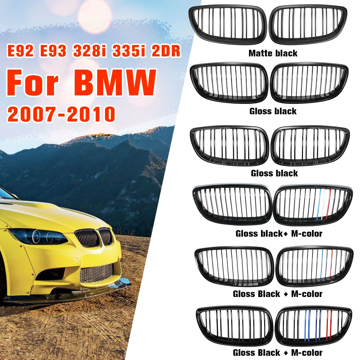 

Gloss Matte Black M-color Dual Line Front Grille Kidney Grill For BMW E92 E93 M3 328i 335i 2Door 2007 2008 2009 Car Styling