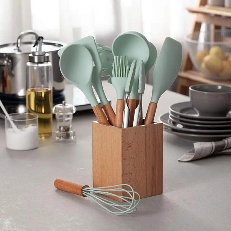 

Kitchen Utensil Set Silicone Cooking With Bamboo Handles For Nonstick Cookware BPA Free Non Toxic Turner Tongs Spatula Spoon Set