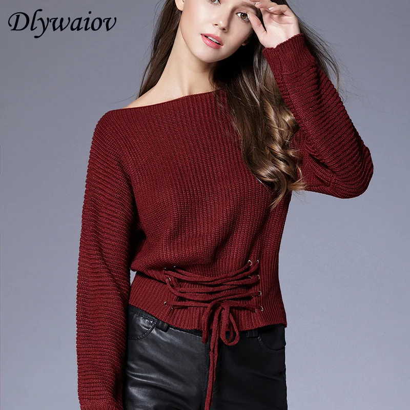 Slash Neck Sweater Women Lace Up High Waist Pullover Solid Color Casual Fashion 2018 Autumn Winter New  Long Sleeve Female Top 