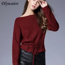 Slash Neck Sweater Women Lace Up High Waist Pullover Solid Color Casual Fashion 2018 Autumn Winter New  Long Sleeve Female Top 