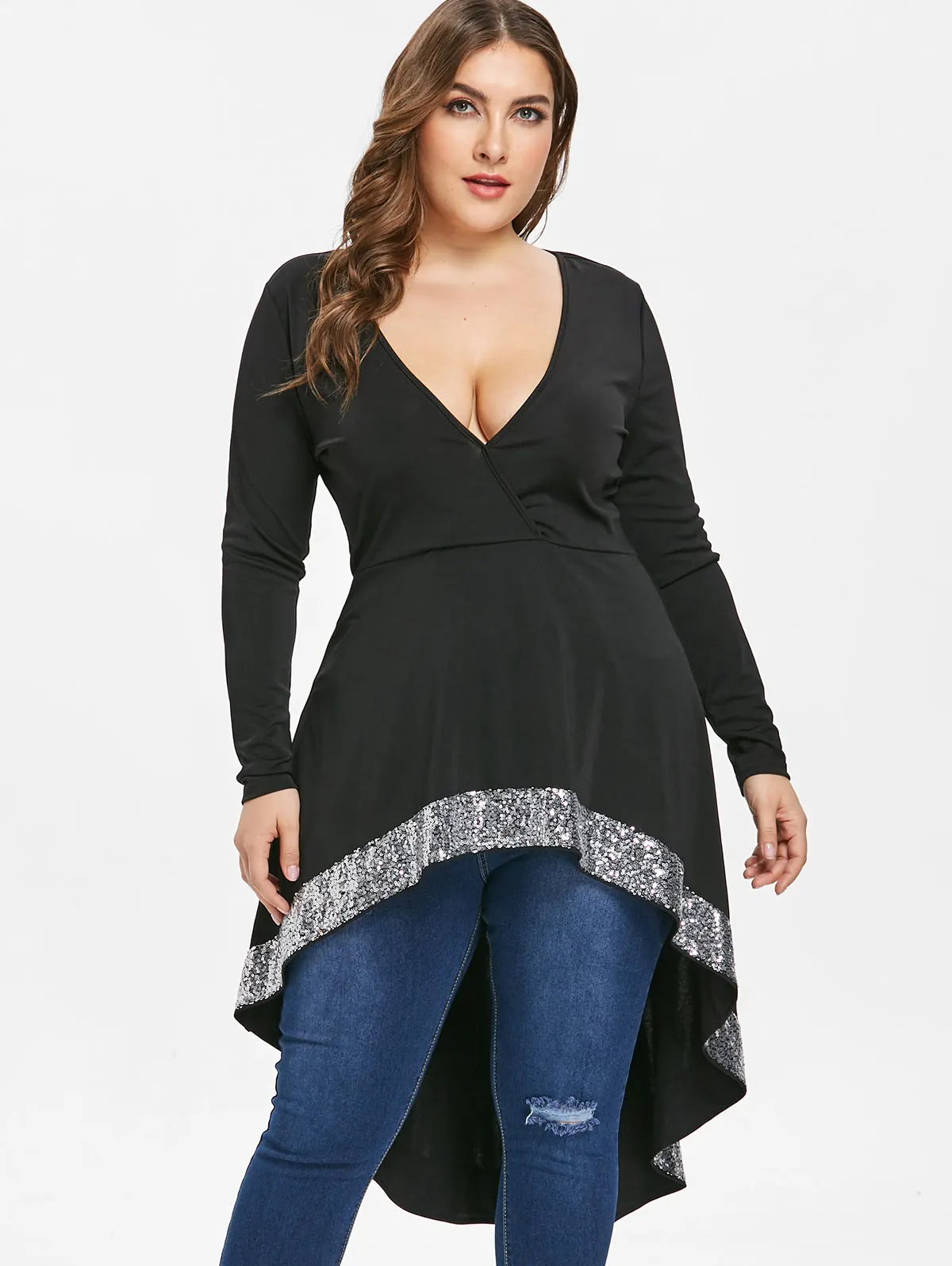 

Wipalo Plus Size Women T Shirts Sequin Trim High Low Long Tunic T-Shirt Spring Long Sleeves V Neck Fashion Ladies Top Big Size