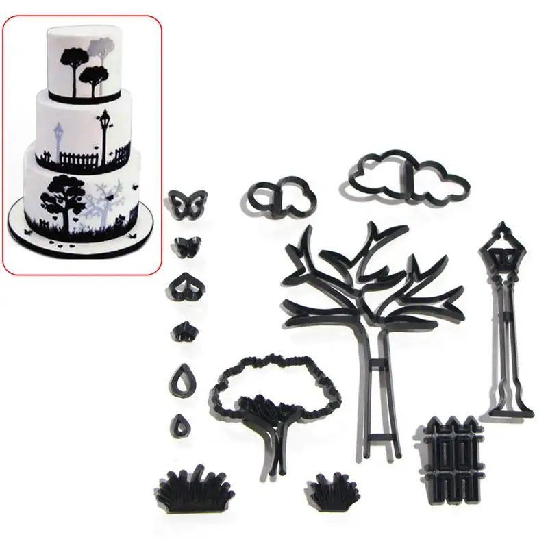 

14 PCS Molds Set Park Theme Cookie Cutting Die Cloud Fence Tree Shape Fondant Cake Press Mold DIY Baking Decoration Tool