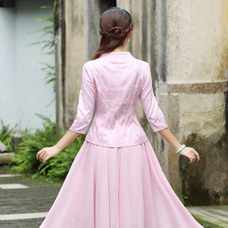 Goede Traditionele Chinese Kleding Voor Vrouwen China Shirt Chinese Stijl Tops Jas Jacquard Katoen Afdrukken Verticale Cheongsam Tops