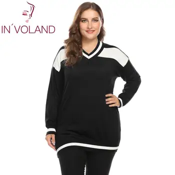 

IN'VOLAND Plus Size Women Sweaters V-Neck Drop-Shoulder Pullover Patchwork Thin Winter Knit Sweater Casual Women Pullover Tops