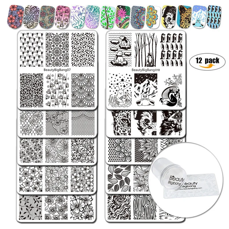 

BeautyBigBang 12Pcs/Set Nail Stamping Plates 10 styles Pattern Nail Stamping Plate with Clear Jelly Stamper stamping for nails