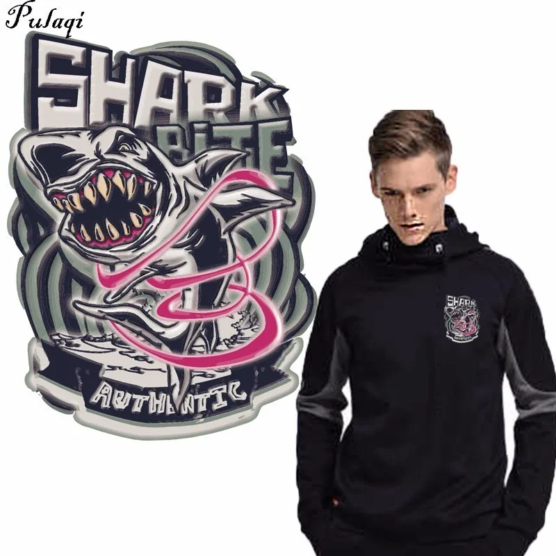 

Pulaqi Fine Shark Heat Transfer Patches for Clothing Punk Animal Stickers Diy Cartoon Appliques Thermal Transfer Parches H
