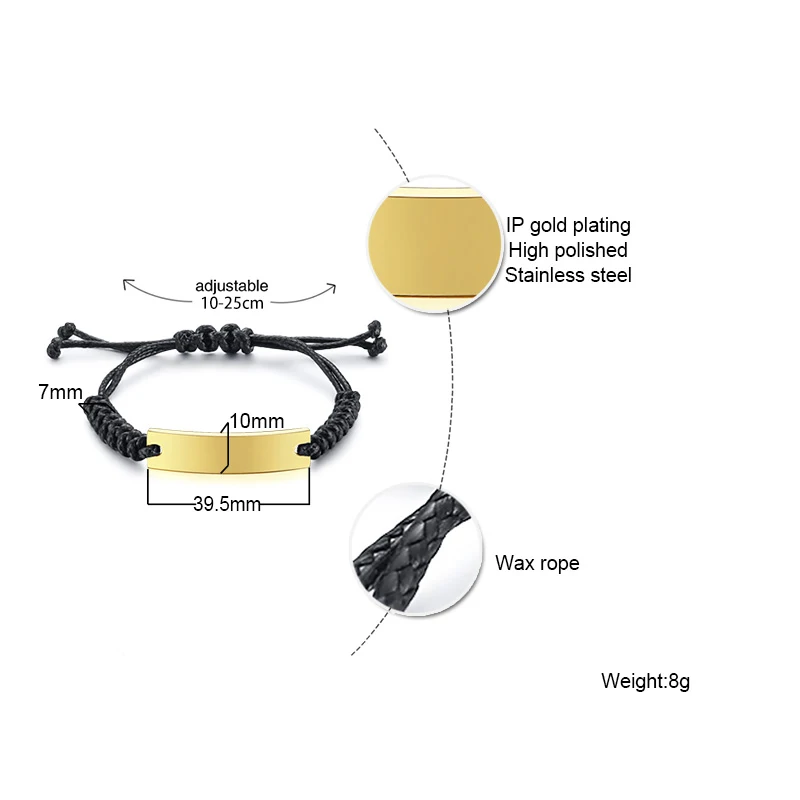 Мужской браслет персонализированные бар текст ID браслет из нержавеющей стали золотой цвет гравировка Регулируемый ребенок дети ювелирные изделия