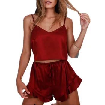 

Women Sexy Sleepwear Set Red Pink Solid Color Sleeveless Nightwear Satin Silk Lace Set Camis 2019 Summer Hot