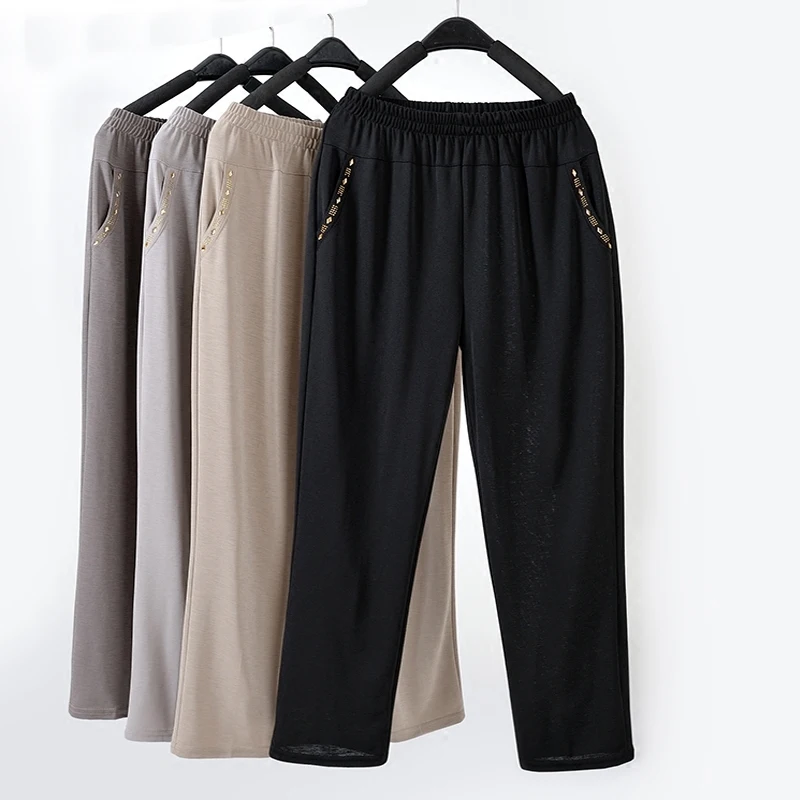 

New Middle Aged Women Casual Thin Straight Pants Plus Size 5XL Loose Trousers Elastic High Waist Pants