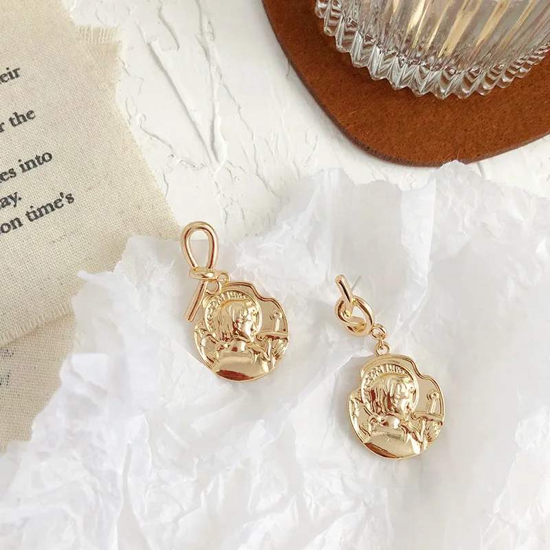 

2019 New Gold Metal Knot Tie Irregular Avatar Coin Pendant Long Earrings for Women Girl