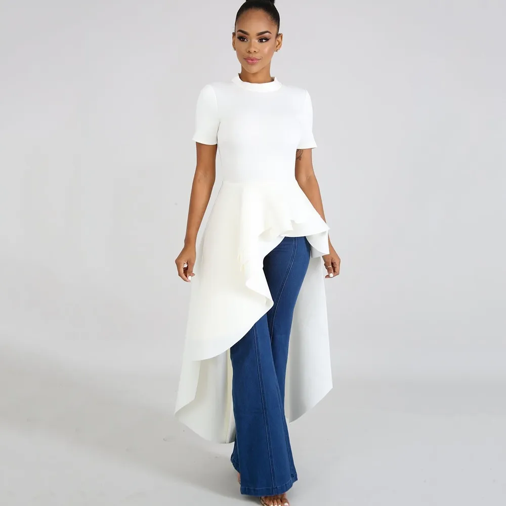

Women Summer Plus Size Ruffle Tails Blouse Shirt Elegant Asymmetric Hem Peplum Party Long Blouse Slim Front Short Back Long Top