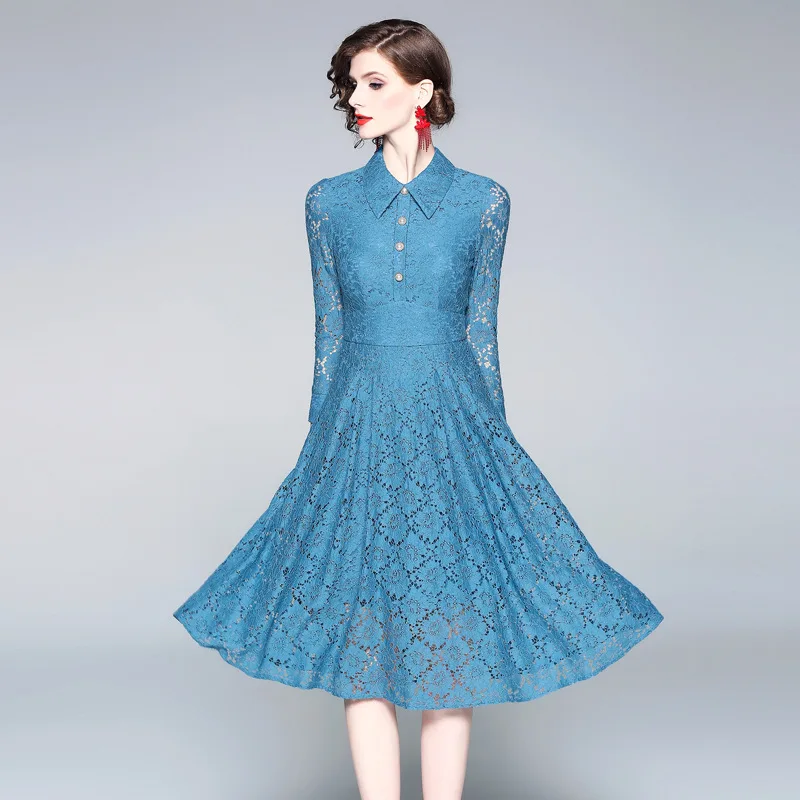 

2019 Spring New Style Elegant Temperament Lace Dress high quality graceful Female European & American famous Ladies Lapel A-line