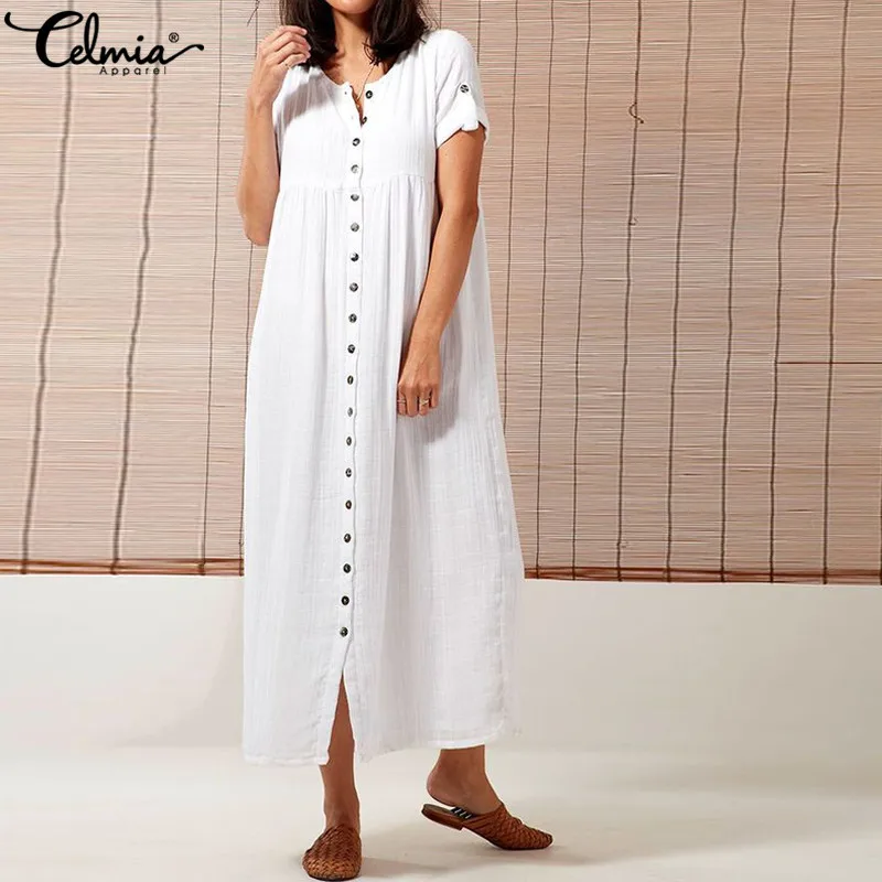 

Celmia 2019 Summer Women Vintage Long Shirt Dress Casual Button-up Maxi Dresses Loose Sundress Robe Pleated Vestidos Mujer S-5XL