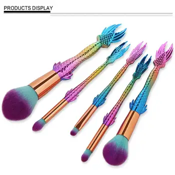 

5Pcs Mermaid Makeup Brush Set Facial Blending Contour Flame Foundation Powder Brush Cosmetics Colorful Rainbow Fish Lip Brush
