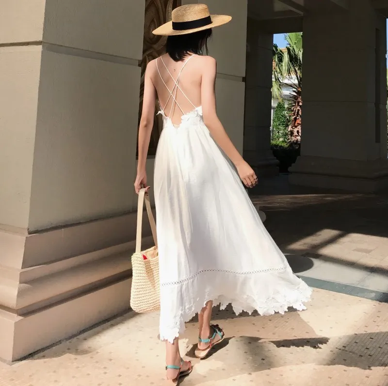 

2019 Summer Women White V Neck Backless Beach Dress Spaghetti Straps Holiday Dress Sexy Lace Hollow Out Maxi Dress