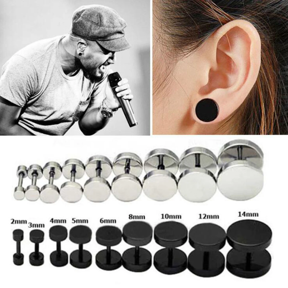 

2Pcs Mens Barbell Punk Gothic 6-14mm Stainless Steel Ear Studs Fake Ear Plug Stretcher Cheater Earring Piercing Jewelry