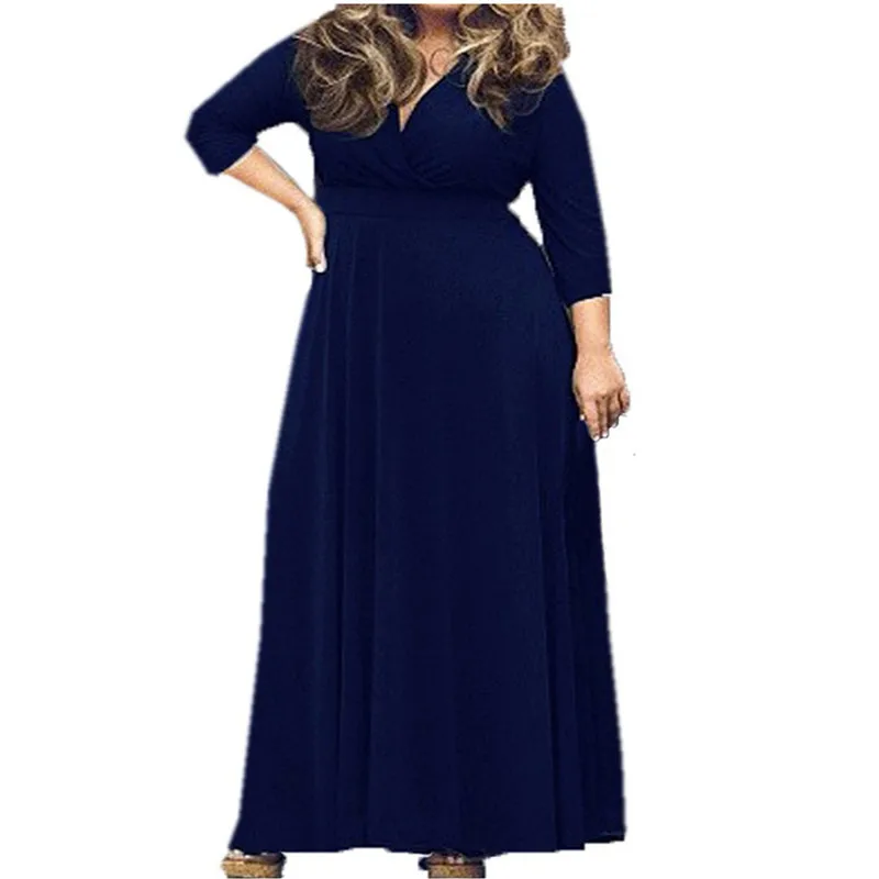 

Plus Size L-7XL Casual Cotton Dress Women Spring Solid Long Sleeve Party Bodycon Deep V-neck Formal Ladies Maxi Dresses Vestidos