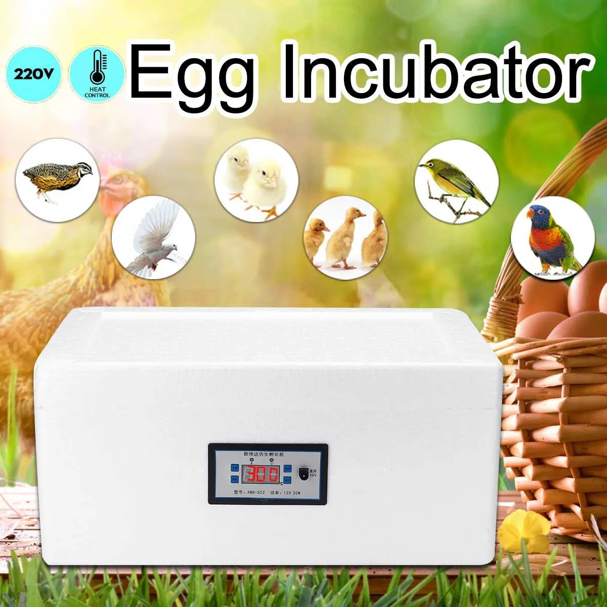 

42 Egg Chick Duck Poultry Hatcher Automatic Digital Temperature Control Mute Incubator 220V AC 20W White Foam 49.5x29.5x21cm