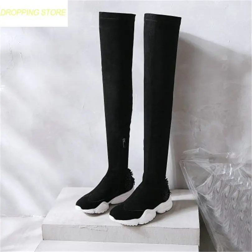 

Black Riding Boots Women Cow Leather Round Toe Military Over Knee Boots Stretchy Slim Leg Wedge Heel Party Sneakers
