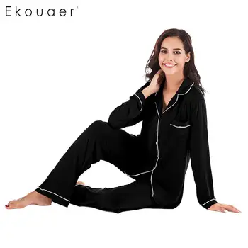 

Ekouaer Women Pajamas Sets Nightwear Solid Button Sleepwear Long Sleeve Shirts Long Pants 2 Piece Pajama Set Spring Autumn