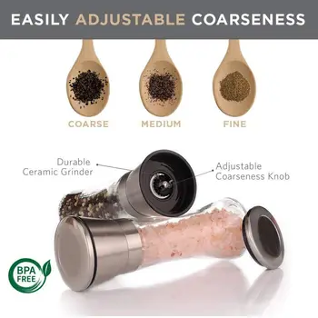 

FUNN-Premium Stainless Steel Salt and Pepper Grinder Set With Stand - Tall Salt and Pepper Shakers with Adjustable Coarseness
