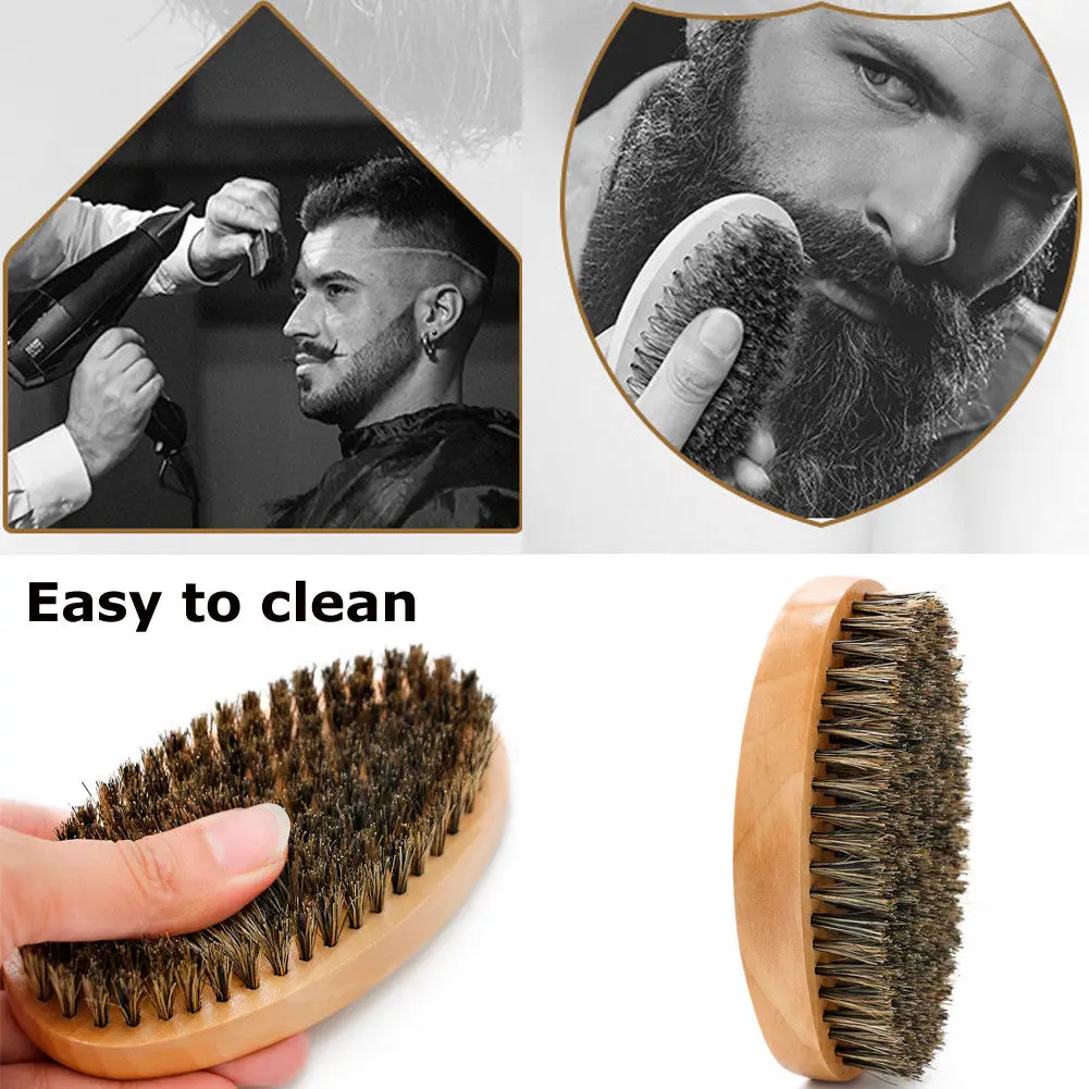Natural Boar Bristle Beard Men's Mustache Brush Military Round Wood