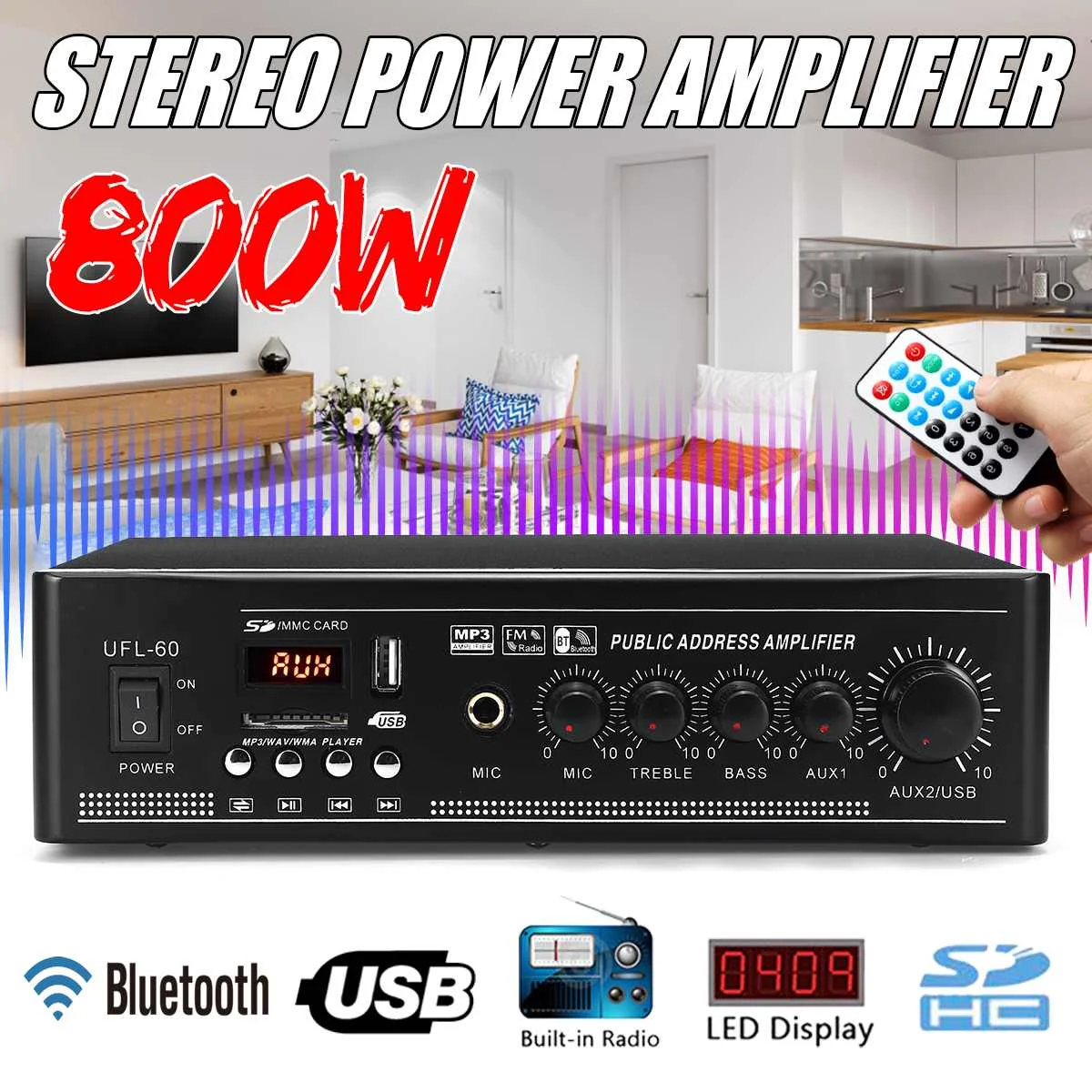 

800W HIFI Audio Stereo Power Amplifier bluetooth FM Radio USB SD 2CH 220V Home Theater Amplificador Audio 4-16 ohm Music Player