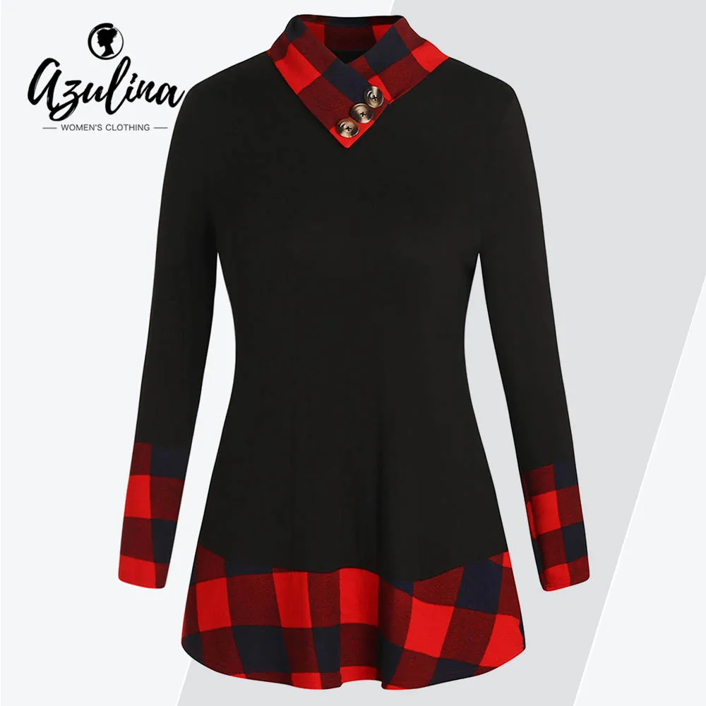 

Rosegal Plus Size Plaid Buttons Panel T-Shirt Female Casual Shawl Collar Long Sleeves Autumn T Shirt Ladies Tops Tees Big Size