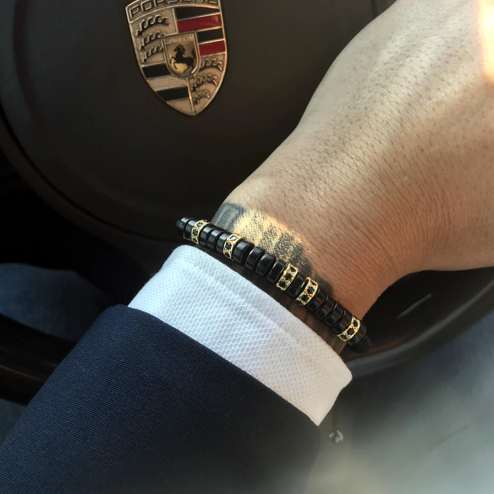 Мужской браслет плетеный макраме браслет для женщин Pave черный CZ Циркон Кокосовая оболочка регулируемые кольцеобразные браслеты модные ювелирные изделия