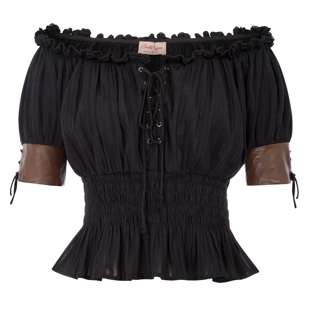 

Punk Rave Womens Steampunk Top Lace Up Gothic VTG Victorian Off Shoulder S-2XL