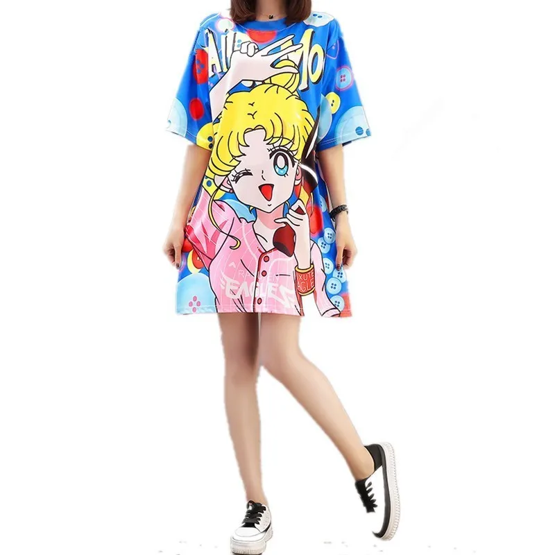 

Women Cartoon Sailor Moon Printed Dress Kawaii Girl O-Neck Half Sleeves Sweet Cute Dresses Female Loose Split T Shirt Dress XXL