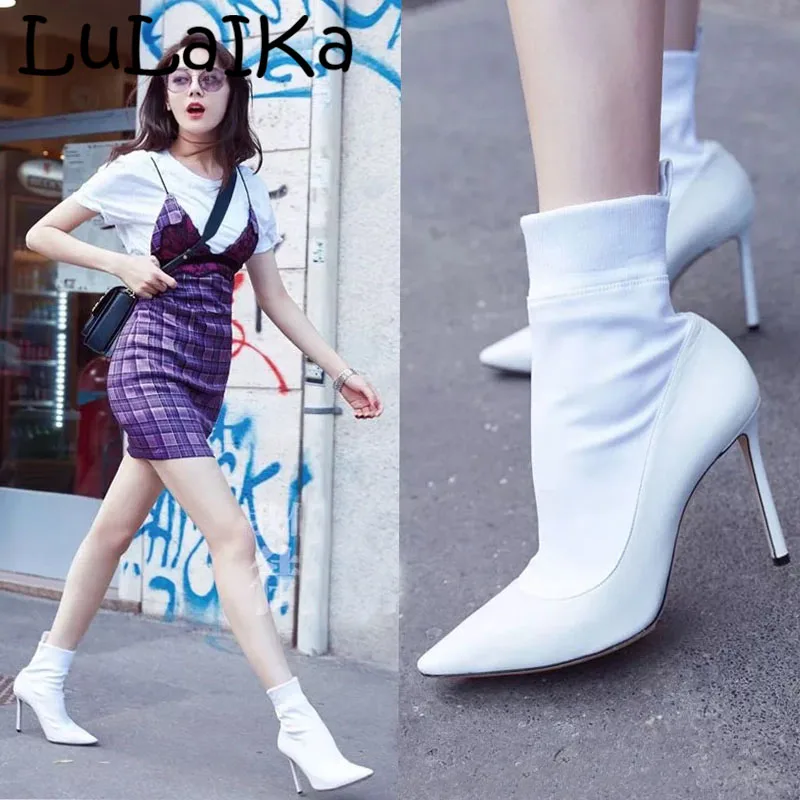 

2018 New Fashion Pump Sock Boots Winter Ankle Solid Color Pointed Toe Sexy Woman Party Wedding High Heel Shoes 10 cm