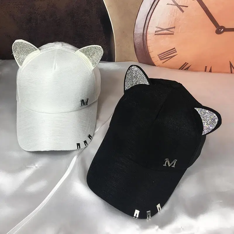 

New Meow Women's Summer Fall Black White Pink Hat Cat Ears Cat Baseball Cap With Rings And Lace Diamond Cute Girl Hat
