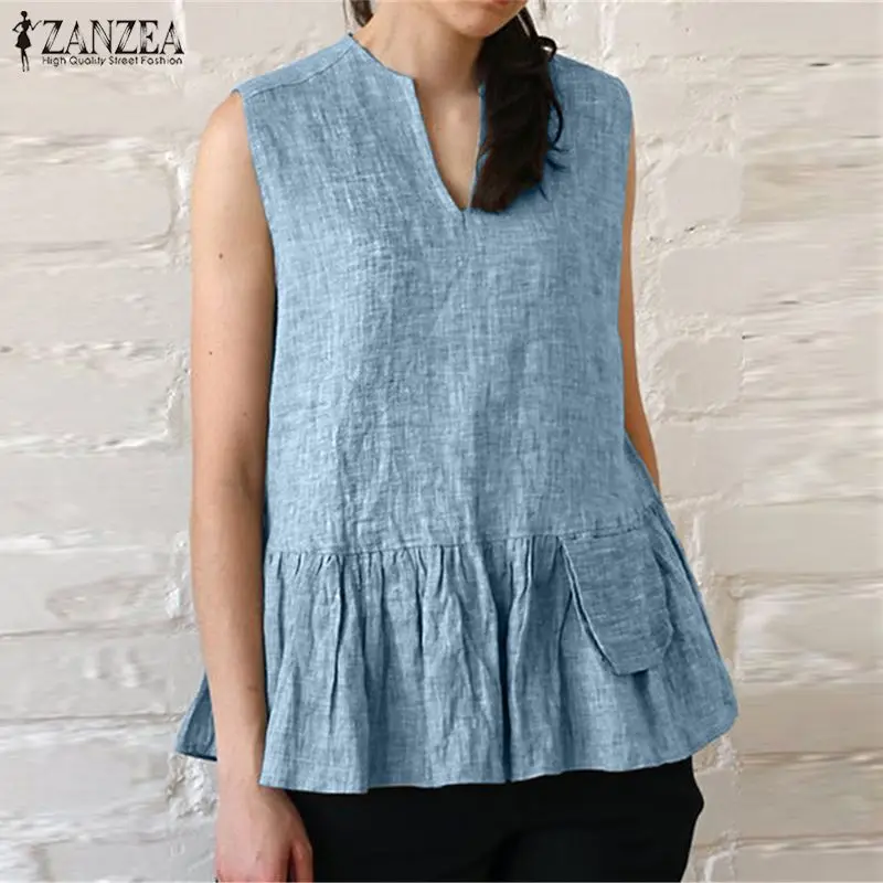 

Women Tank Tops ZANZEA 2019 Summer Sleeveless Tunic Top Casual V Neck Ruffles Vest Tee Solid Loose Party Camis T-Shirt Female