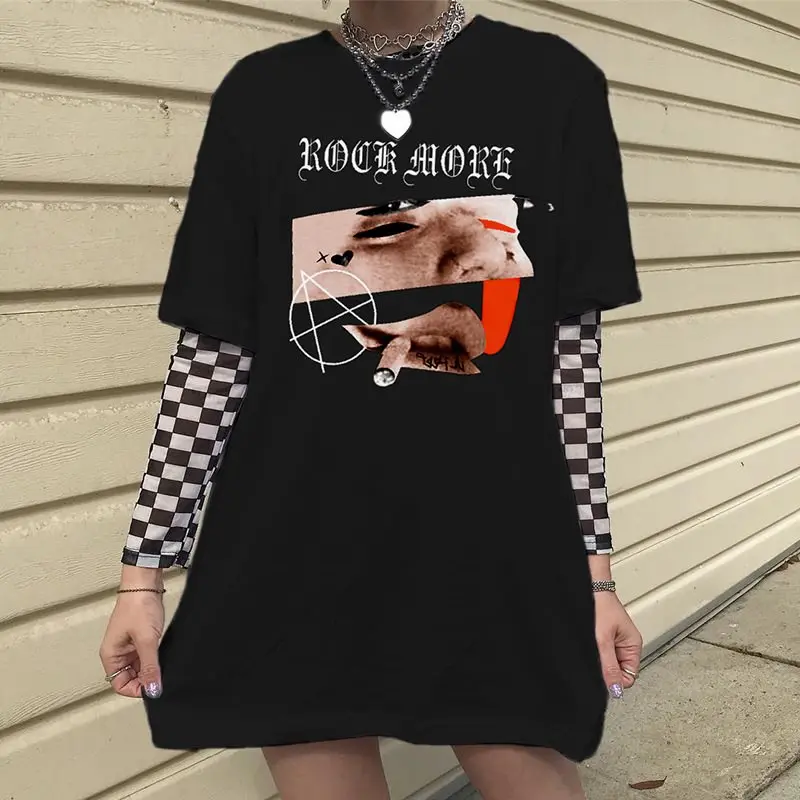 

Women T-shirts Casual Black Gothic Cool Plus Size Loose Solid Letter Print Hip Hop Streetwear Female Fashion Goth OL Ladies Tops
