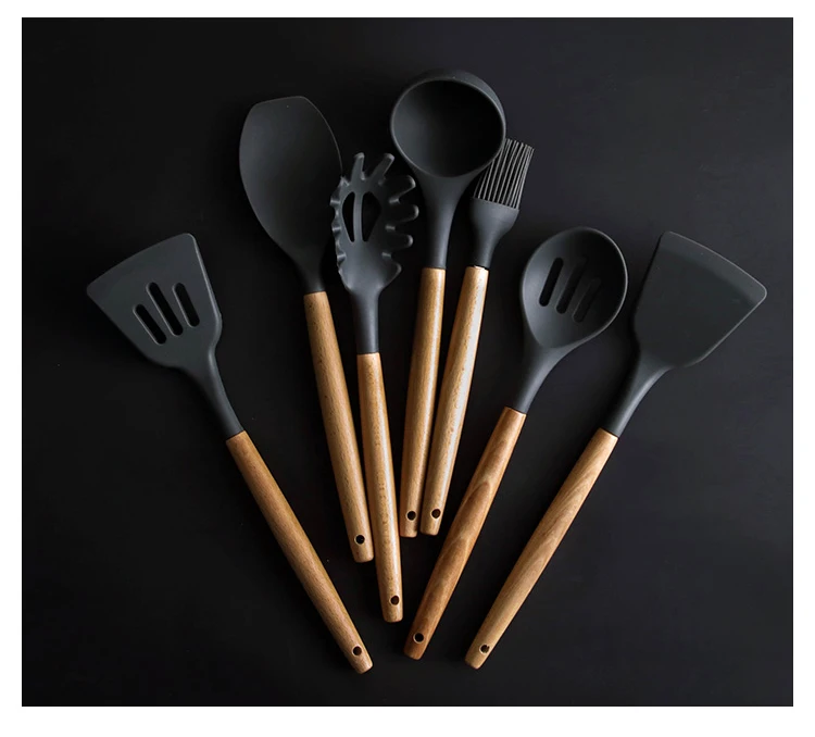 

9pcs/set Kitchen Silicone Spoon Cooking Tools Silicone Wooden Handle Spoon Bush Ladle Nonstick Cookware Baking Tools