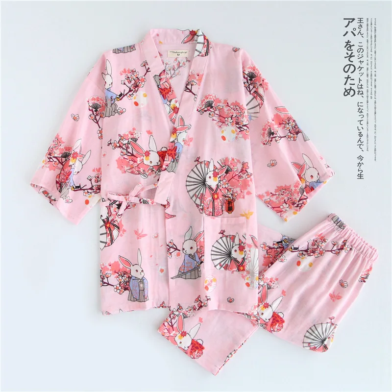 Японское хлопковое газовое кимоно, пижамный комплект, женский халат, летний юката, принт, пижама, костюм, японская традиционная одежда