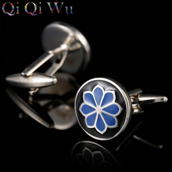 

Free Shipping Blue Pattern Enamel Flower Cufflinks Male Business Buttons French Shirt Cuff links for Men's Jewelry Wedding Gift