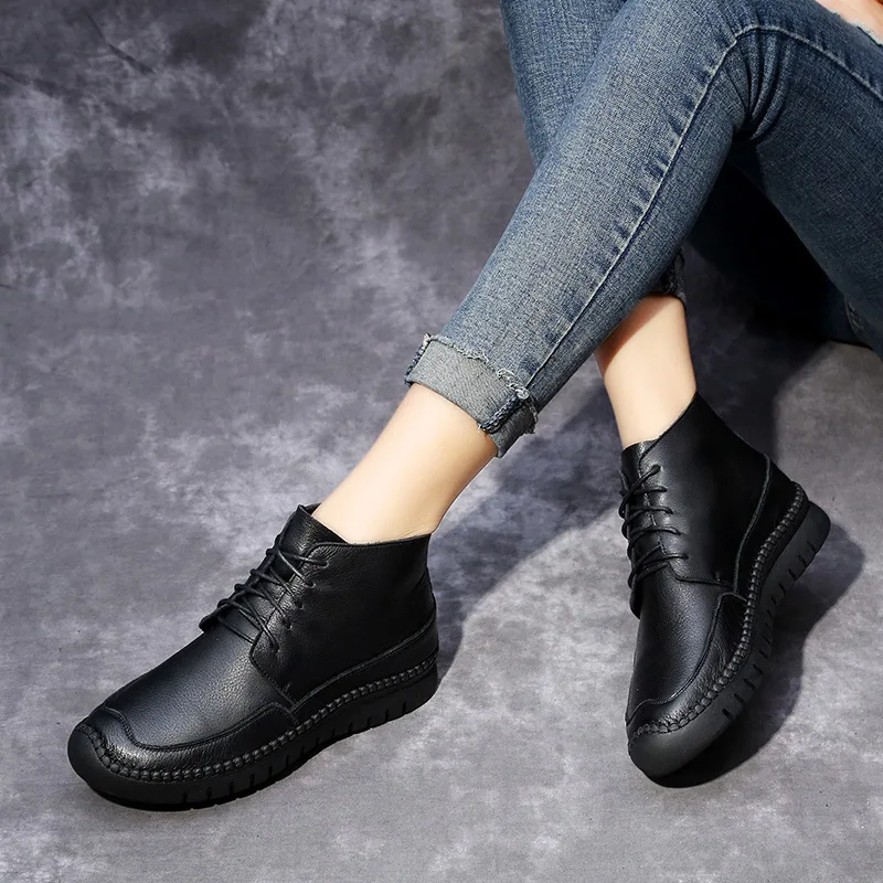 Y Plano Black Mujer Encaje Para Otoño Botas Wintergenu Las Zapatos Casual Cuero Mujeres De Plataforma Tobillo 40wZCxqt